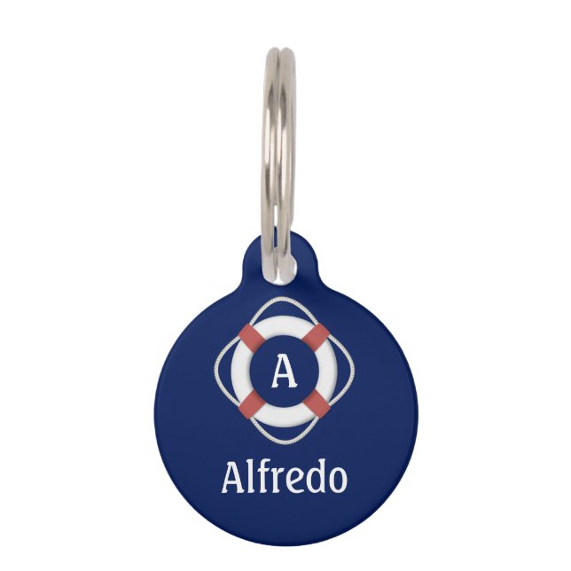 Navy Blue Nautical Lifesaver Monogram Pet Tag (Front)