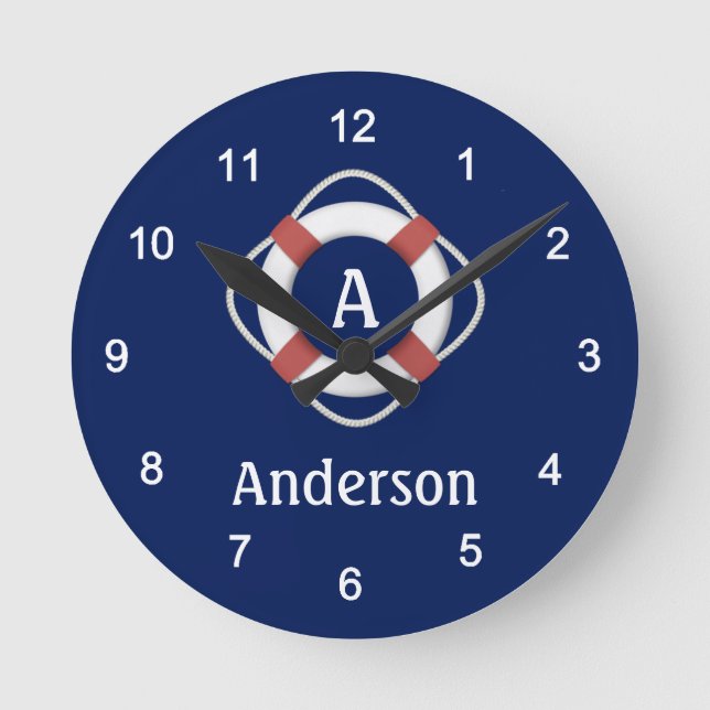 Navy Blue Nautical Lifesaver Monogram Round Clock (Front)