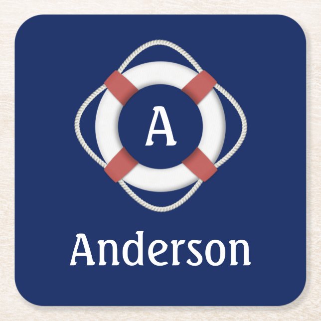 Navy Blue Nautical Lifesaver Monogram Square Paper Coaster (Front)