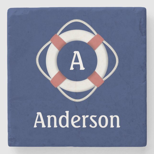 Navy Blue Nautical Lifesaver Monogram Stone Coaster (Front)