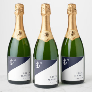 Navy Blue Nautical Modern Elegant Monogram Wedding Sparkling Wine Label