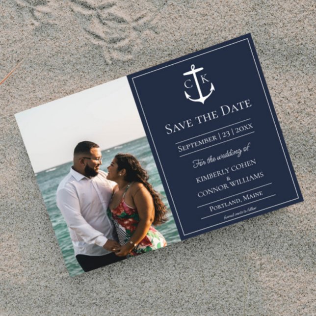 Navy Blue Nautical Monogram Photo Save the Date (Navy Nautical Monogram Photo Save the Date)