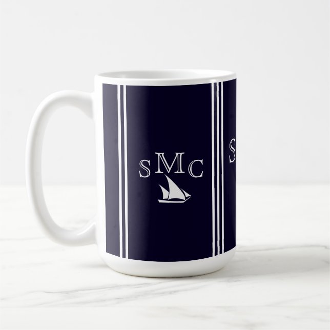 Navy Blue Nautical Monogram Sailboat Ceiling Lamp Coffee Mug (Left)