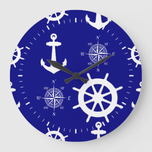 Navy Blue Nautical Pattern Large Clock