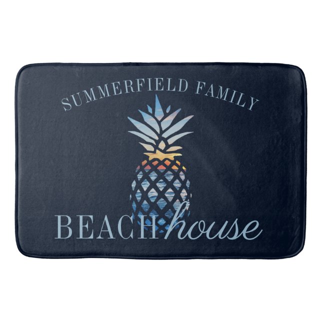 Navy Blue Nautical Personalised Beach House Family Bath Mat (Front)