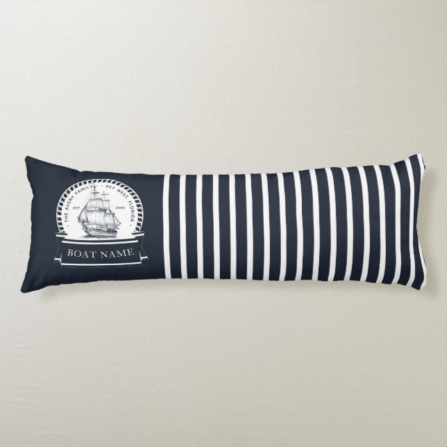 Navy Blue Nautical Personalised Boat Name Body Cushion (Front)