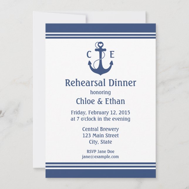 Navy Blue Nautical Rehearsal Dinner Invitations (Front)