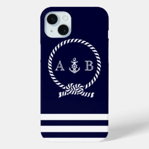 Navy Blue Nautical Rope and Anchor Monogrammed iPhone 15 Mini Case