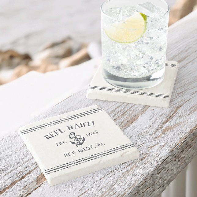 Navy Blue Nautical Rustic Anchor Boat Name Stone Coaster (Creator Uploaded)