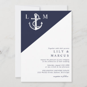 Navy Blue Nautical Simple Elegant Wedding QR Code Invitation