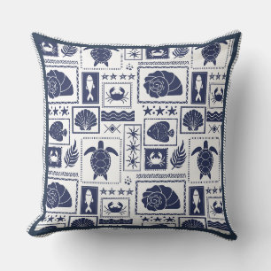 Navy Blue Nautical Stamps Coastal Sea Life Pattern Cushion