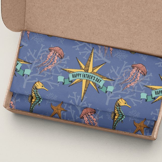 Navy Blue Nautical Star Custom Text Marine Tissue Paper (Nautical Hand-drawn Ocean Life Illustration with Seahorse, jellyfish, Coral & Starfish. Custom Text.)