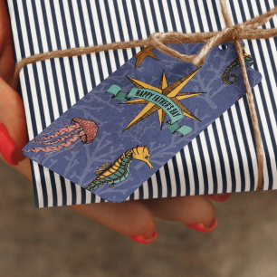 Navy Blue Nautical Star Custom Text & Photo Marine Gift Tags