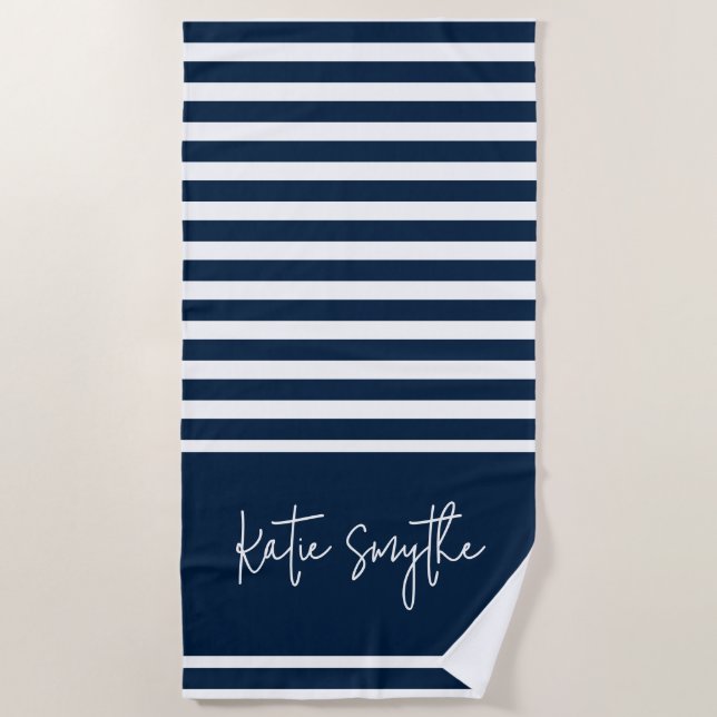Navy Blue Nautical Stripes Script Name Beach Towel (Front)