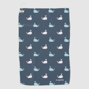 Navy Blue Nautical Theme. Cute Whale Pattern. Golf Towel