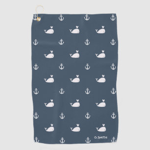 Navy Blue Nautical Theme. Cute Whale Pattern. Golf Towel
