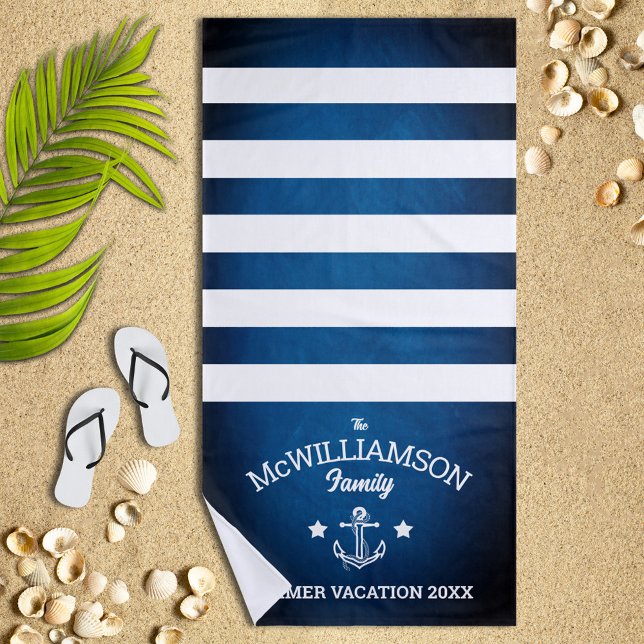 Navy Blue Nautical Theme Family Event Beach Towel (Creator Uploaded)