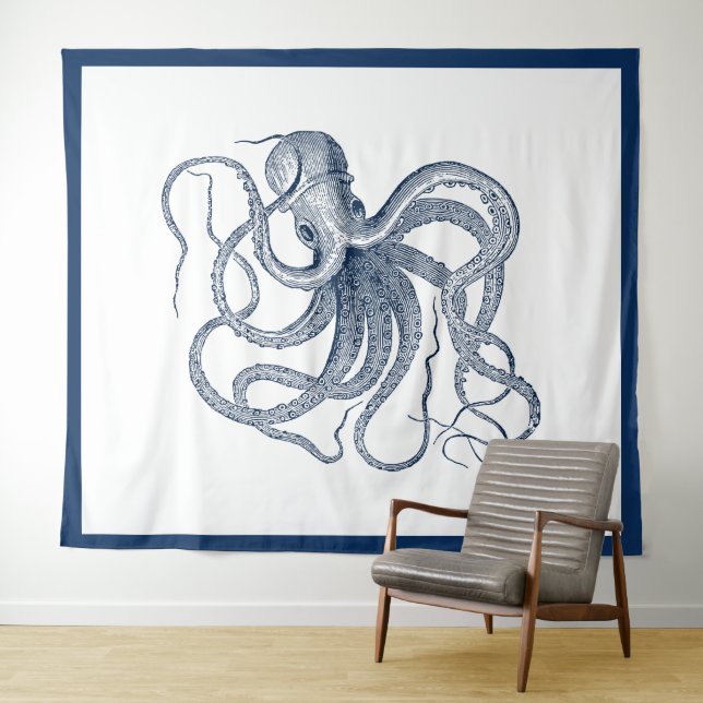 Navy-blue nautical vintage octopus tapestry (In Situ (Horizontal))