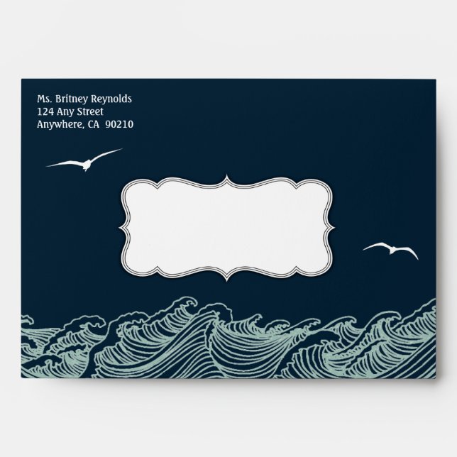Navy Blue Nautical Waves & Birds Wedding Envelopes (Front)