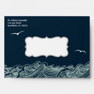 Navy Blue Nautical Waves & Birds Wedding Envelopes