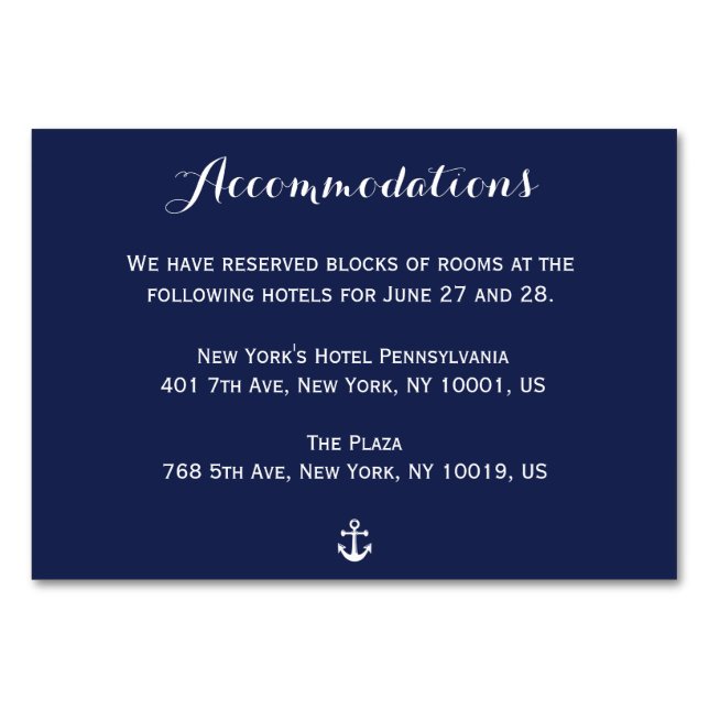 Navy Blue Nautical Wedding Accommodation Cards (Front)