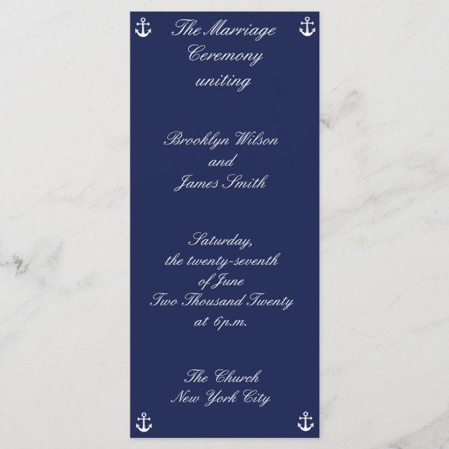 Navy Blue Nautical Wedding Ceremony Programs Programme (Front)