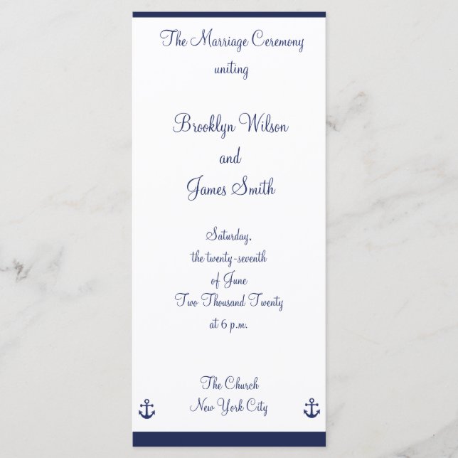 Navy Blue Nautical Wedding Ceremony Programs Programme (Front)