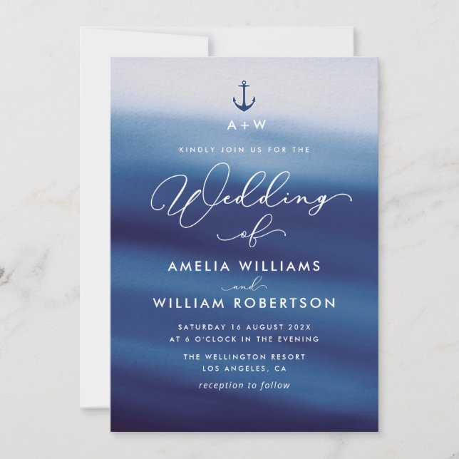 navy blue nautical wedding invitation (Front)