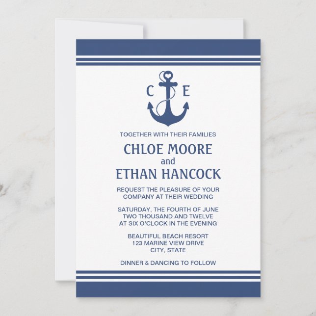 Navy Blue Nautical Wedding Invitations (Front)