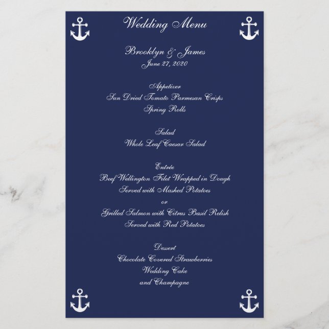 Navy Blue Nautical Wedding Menu Custom Flyer (Front)