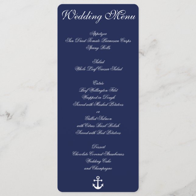 Navy Blue Nautical Wedding Menu Custom Invitations (Front)