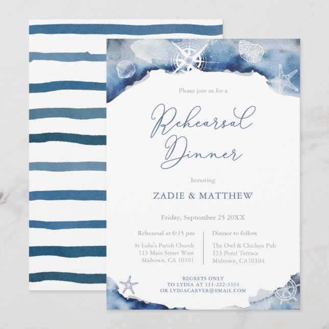 Navy Blue Nautical Wedding Rehearsal Dinner Invitation (Front/Back)