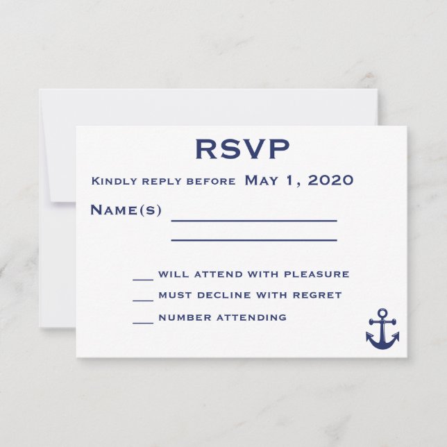 Navy Blue Nautical Wedding RSVP Card With Anchor (Front)