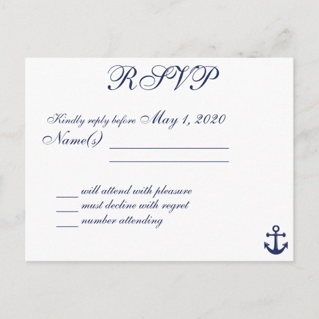 Navy Blue Nautical Wedding RSVP Postcard Names (Front)