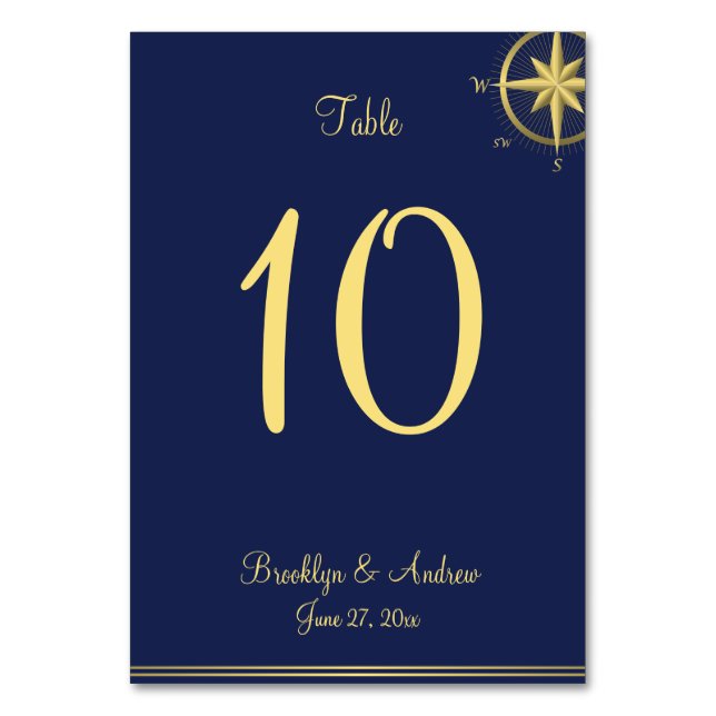 Navy Blue Nautical Wedding Table Number Cards (Front)