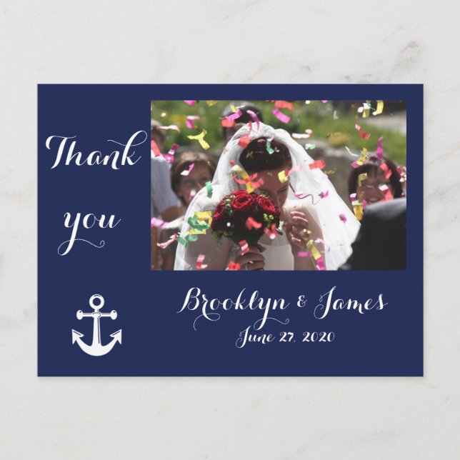 Navy Blue Nautical Wedding Thank You Postcards (Front)