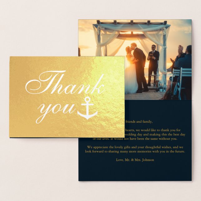 Navy Blue Nautical Wedding Thank You Real Gold Foil Card (Display)