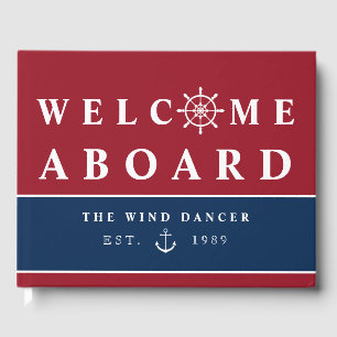 Navy Blue Nautical Welcome Aboard Boat Name Guest Book