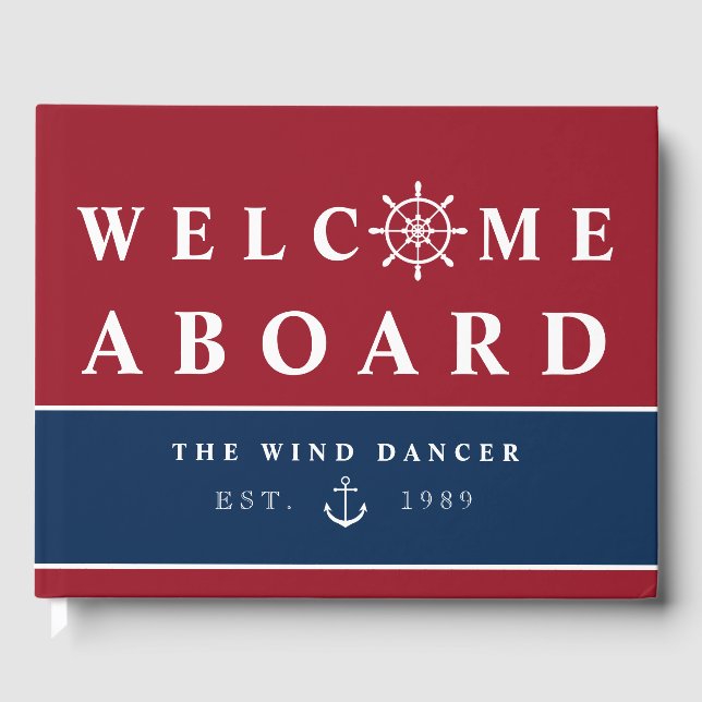 Navy Blue Nautical Welcome Aboard Boat Name Guest Book (Front)