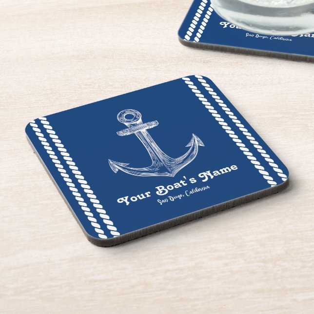 Navy Blue Nautical Welcome About Custom Boat  Coaster (Left Side)