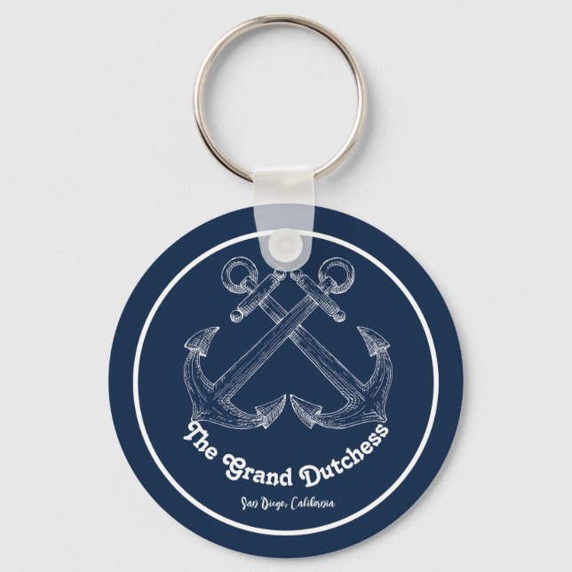 Navy Blue Nautical Welcome About Custom Boat  Key Ring (Front)