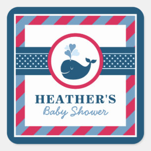 Navy Blue Nautical Whale Baby Boy Shower Red Square Sticker