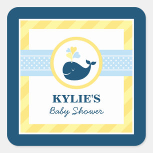 Navy Blue Nautical Whale Baby Boy Shower Yellow Square Sticker
