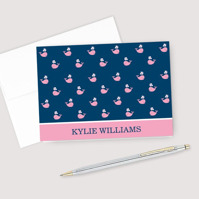 Navy Blue Nautical Whale Pattern Pink Name Note Card (Creator Uploaded)