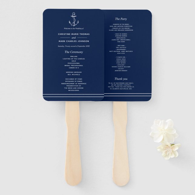 Navy Blue Nautical White Anchor Sea Side Wedding Hand Fan (Front and Back)