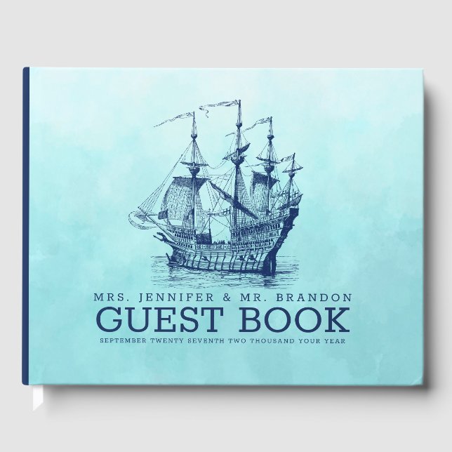 Navy-blue nautical wind sailing boat guest book (Front)