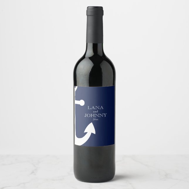 Navy Blue, Nautical with Anchor Wine Label (Front)