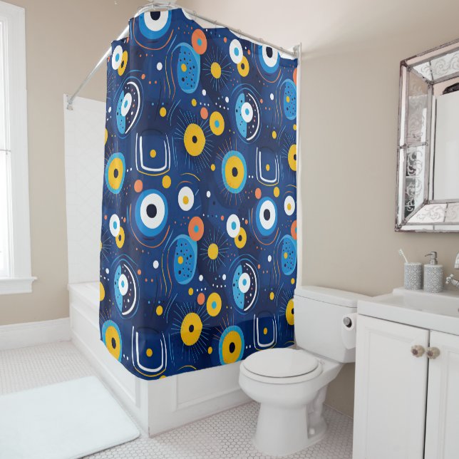 Navy Blue Nazar BOHO Evil Eye Pattern  Shower Curtain (In Situ)