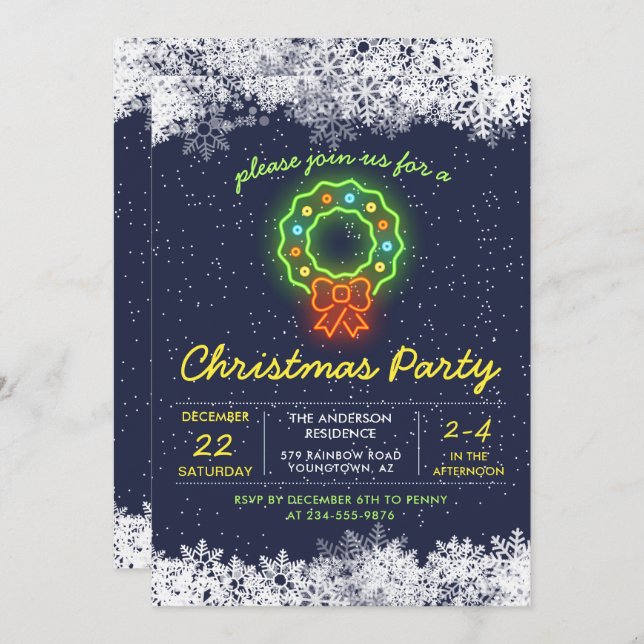 Navy Blue Neon Snowflake Christmas Holiday Party Invitation (Front/Back)