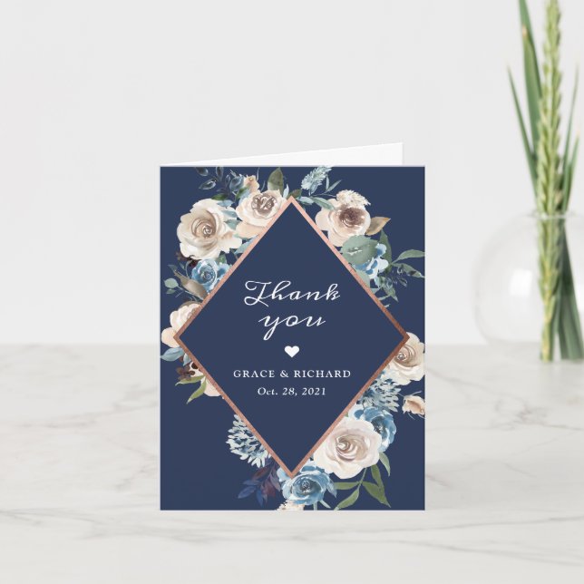 Navy Blue Neutral Floral Rose Gold Wedding Thank You Card (Front)